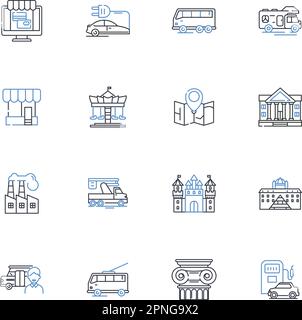 Gruppe von Gebäudesymbolen. Wolkenkratzer, Komplexe, Wohnungen, Apartments, Urban, Hochhäuser, Türme, Vektor und lineare Darstellung Stock Vektor