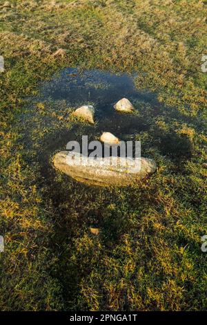 Natürliches Smiley aus Steinen in der Mitte einer Pfütze auf einer Wiese im schottischen Hochland Stockfoto