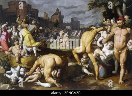 Palästina / Niederlande: "Massaker an den Unschuldigen". Ol-auf-Leinwand-Malerei von Cornelis Van Haarlem (1562. Bis 11. November 1638), 1590. Van Haarlem zeigt eine schreckliche Szene aus dem Alten Testament der christlichen Bibel in diesem Öl aus dem 16. Jahrhundert auf Leinwand Meisterwerk. König Herodes hat gehört, dass ein neuer König der Juden in Bethlehem geboren wurde. Da er den Messias nicht identifizieren konnte, befahl er seinen Soldaten, jeden Jungen in Bethlehem zu töten, der zwei Jahre oder jünger ist. Laut der hebräischen Bibel waren Maria und Josef bereits mit ihrem Neugeborenen Jesus nach Ägypten geflohen. Sie blieben bis nach Herodes Tod in Ägypten. Stockfoto