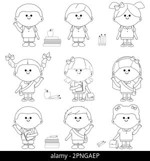 Gruppe von Kindern Studenten. Schwarz-Weiß-Malseite Stockfoto