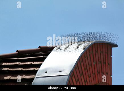 Anti-Rost- und Abwehrvorrichtung aus Metalldraht. Oder Verhütung und Bekämpfung von Vögeln. Metallstreifen mit scharfen Spitzen. Metallblende über der Wand. Tonfliesen Stockfoto