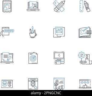 Symbolsammlung für Produktionslinien für Videos. Kinematographie, Scriptwriting, Bearbeiten, Beleuchtung, Sound, Grafiken, Grafikvektor und linear Stock Vektor