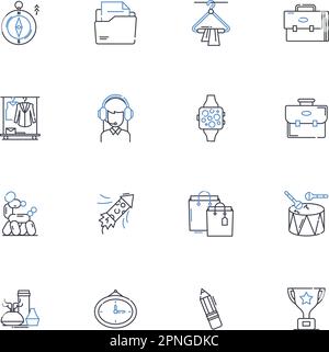 Bürozubehör Line Icons Kollektion. Stifthalter, Heftgeräte, Scheren, Ordner, Radierer, Textmarker, Vektor- und lineare Illustrationen Stock Vektor