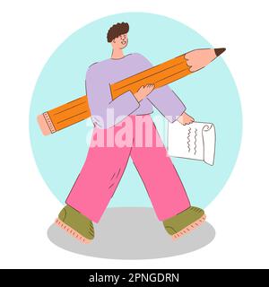 Fröhlicher Schüler mit einem großen Bleistift in den Händen. Schulbildung. Flache Darstellung in flacher Form. Vektor Stock Vektor
