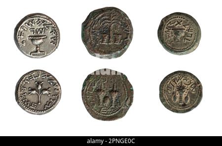 Jüdischen Münzen aus dem ersten Aufstand gegen Rom 66-73 CE auf weißem Hintergrund Stockfoto