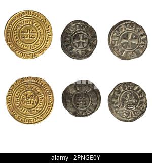 Crusader Königreich Jerusalem Münzen 1143-1163 CE auf weißem Hintergrund Stockfoto