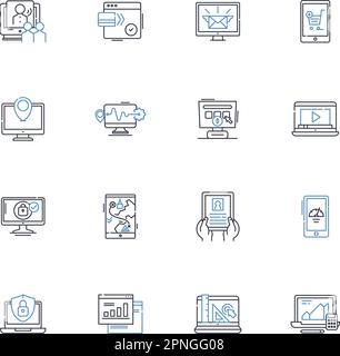 Sammlung der Liniensymbole für Mechanismen. Zahnräder, Hebel, Riemenscheiben, Federn, Nocken, Vektor für Lager, Kurbeln und lineare Darstellung. Schwungräder, Wellen, Rotoren Stock Vektor