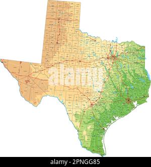 Hochdetaillierte physische Karte von Texas mit Beschriftung. Stock Vektor