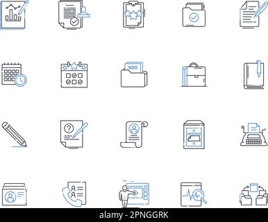 Sammlung der Zeilensymbole für den Arbeitsfarbraum. Büro, Schreibtisch, Arbeitsplatz, Arbeitsbereich, Studio, Lab, Shop Vector und lineare Illustration. Boutique, Salon, Atelier Stock Vektor