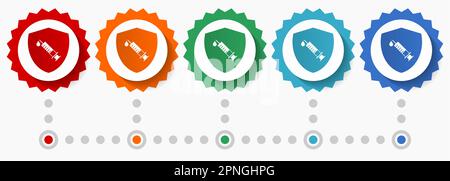 Vaccine Shield Konzept Vektor Symbolset, farbenfrohe Infografik Vorlage, Satz flacher Badge Symbole in 5 Farboptionen Stock Vektor