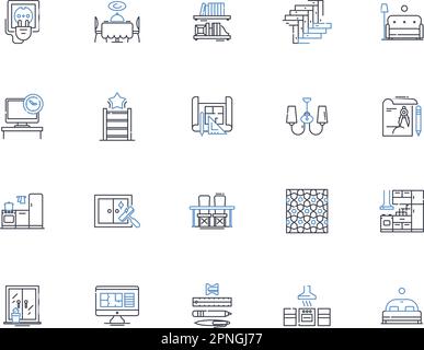 Symbolsammlung für Industriedesign-Linien. Ergonomie, Ästhetik, Funktionalität, Innovation, Nachhaltigkeit, Prototyping, D-Modellierungsvektor und linear Stock Vektor