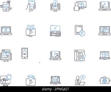 Symbolsammlung für Online-Inhalte. Bloggen, Video, Podcasts, Infografiken, soziale Medien, Artikel, Newsletter-Vektor und lineare Illustration. E Stock Vektor