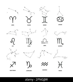 Satz von 12 Zodiakzeichen Symbole mit Sternbildern, Vektorsymbole isoliert auf weißem Hintergrund. Horoskop-Kollektion für Kalender- und Strichkunstdesign Stock Vektor