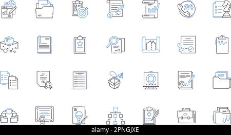 Symbolsammlung für kommerzielle Papiere. Rechnungen, Eingänge, Verträge, Verträge, Lizenzen, Genehmigungen, Stücklistenvektor und lineare Darstellung Stock Vektor