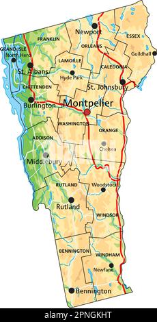 Hochdetaillierte physische Karte von Vermont mit Beschriftung. Stock Vektor