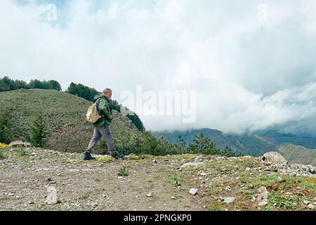 Reifer, bärtiger Reisender, der im Bergwald wandert Stockfoto