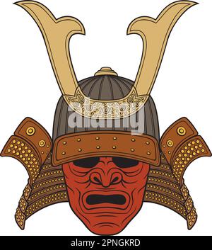 Samurai-Krieger-Maske. Traditionelle Rüstung japanischer Krieger. Vektordarstellung. Stock Vektor