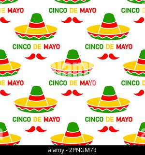 Cinco de Mayo. 5. Mai. Nahtloses Muster aus Sombrero und Schnurrbart. Mexikanischer festlicher Vektorhintergrund. Stock Vektor