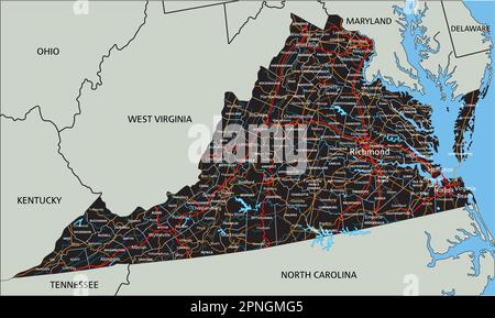 Hochdetaillierte Straßenkarte von Virginia mit Kennzeichnung. Stock Vektor