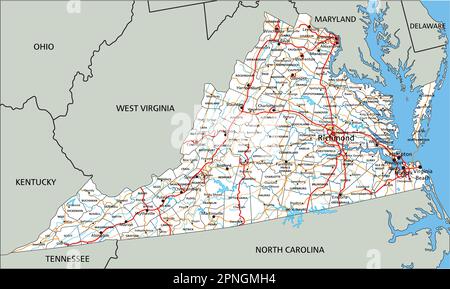 Hochdetaillierte Straßenkarte von Virginia mit Kennzeichnung. Stock Vektor