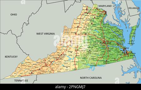 Hochdetaillierte physische Karte von Virginia mit Beschriftung. Stock Vektor