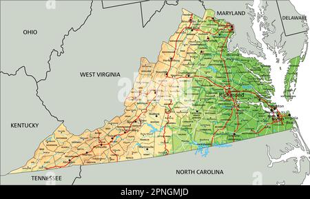 Hochdetaillierte physische Karte von Virginia mit Beschriftung. Stock Vektor