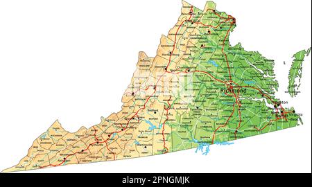 Hochdetaillierte physische Karte von Virginia mit Beschriftung. Stock Vektor