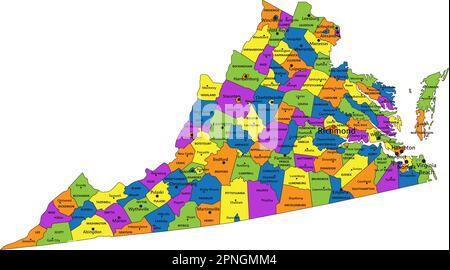 Farbenfrohe politische Karte von Virginia mit klar gekennzeichneten, getrennten Schichten. Vektordarstellung. Stock Vektor