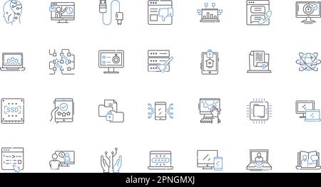 Symbolsammlung für Systemzeilen. Integration, Automatisierung, Architektur, Effizienz, Leistung, Skalierbarkeit, Zuverlässigkeitsvektor und lineare Darstellung Stock Vektor