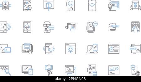 Symbolsammlung für Computerzeilen. Prozessor, Schaltkreis, Monitor, Tastatur, Maus, Speicher, Software-Vektor und lineare Darstellung. Hardware, Betrieb Stock Vektor