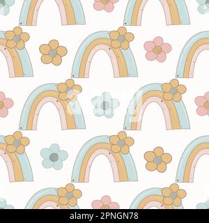 Kinder niedliche Regenbogen nahtlos gemustert, Regenbogen- und Blumenpapier. Hintergrund der Kinder. Süßer Wiederholungsdruck. Textildesign Stockfoto