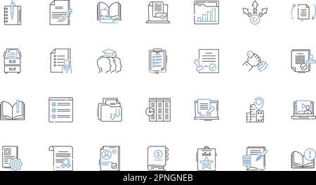 Kollektion mit Symbolen für Schulzubehör. Stifte, Stifte, Radierer, Notizbücher, Textmarker, Ordner, Lineale, Vektor und lineare Darstellung. Büroklammern Stock Vektor