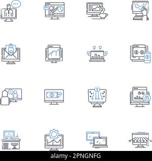 Symbolsammlung für Software Engineering-Linien. Programmierung, Entwicklung, Tests, Design, Bereitstellung, Wartung, Methodenvektor und linear Stock Vektor