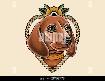 Hundeportrait-Dackel mit Blumen- und herzförmigem Strickrahmen in Vollfarbe Zeichnung, inspiriert vom Tattoo-Art-Stil Stockfoto