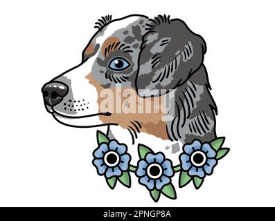 Hundeportrait australischer Hirte mit Blumen in Farbe Zeichnung, inspiriert vom Tattoo-Art-Stil Stockfoto