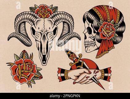 Alte Schule, traditionelle Tattoo-Art-Zeichensammlung voll gefärbt auf altem Papierhintergrund, 4 verschiedene kleine Designs, Rose, Schädel, Hände Stockfoto