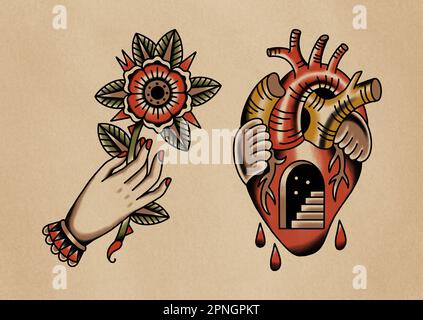 Old School, traditionelle Tattoo Art Art Zeichensammlung voll gefärbt auf altem Papierhintergrund, 2 verschiedene Designs, Hand haltende Blume, Herz Stockfoto