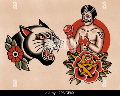 Old School, traditionelle „Tattoo Art“-Zeichenkollektion, voll gefärbt auf altem Papierhintergrund, 2 verschiedene Designs, schwarzer Panther und Boxer Stockfoto
