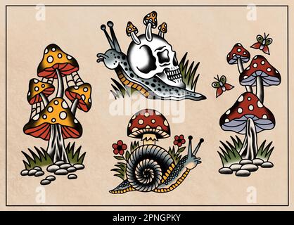 Old School, traditionelle Tattoo Art-Zeichensammlung voll gefärbt auf altem Papierhintergrund, 4 verschiedene Designs, Pilze, Schnecken, Insekten Stockfoto