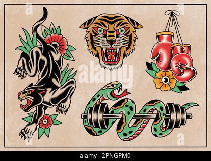 Old School, traditionelle Tattoo Art-Zeichensammlung voll gefärbt auf altem Papierhintergrund, 4 verschiedene Designs, Tiere und Sportobjekte Stockfoto