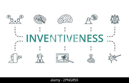 Ein Entwurf für Erfindergeist. Kreative Symbole: Vision, visuelle Kunst, Intelligenz, Problemlösung, Teamwork, Neugier, Übung, digitale Kunst, Brainstorming Stock Vektor