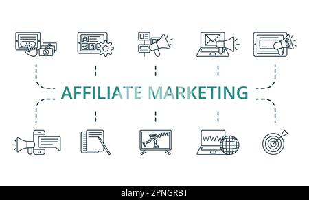 Übersicht über Affiliate-Marketing. Kreative Symbole: Pay-per-Click, Blog-Management, Werbung, E-Mail-Marketing, gesponserte Werbung, sms-Marketing, Artikel Stock Vektor