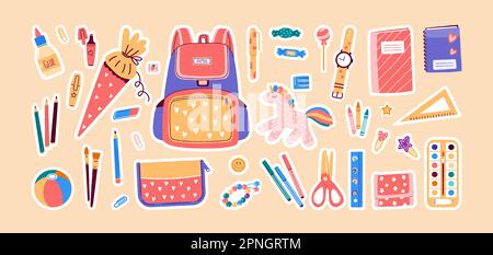 Back-to-School-Aufkleber mit Schreibwaren. Vektorgrafik flach Stock Vektor
