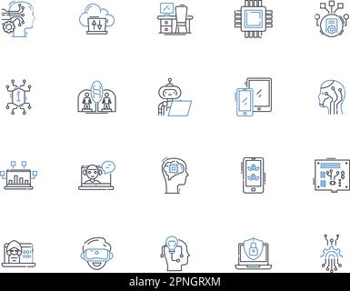 Symbolsammlung für Technikzeilen. Programmierer, Entwickler, Entwickler, Hacker, Ingenieure, Technisch versierte, innovative Vektoren und lineare Darstellung. Freaks, IT Stock Vektor