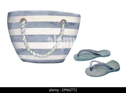 Handgezeichnete Aquarellelemente. Gestreifte Strandtasche, Accessoires, Flip-Flop-Sandalen. Isoliert auf weißem Hintergrund. Wandgestaltung, Hochzeit Stockfoto