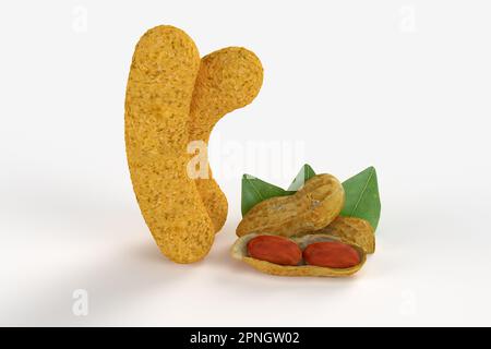 3D-Rendering – Peanuts und Flips, Puffs, Snack isoliert auf weißem Hintergrund, hochwertige Details Stockfoto