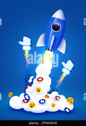 Rakete startet mit Rauch, Likes und Social-Media-Symbolen. Marketingkonzept. Vektordarstellung Stock Vektor