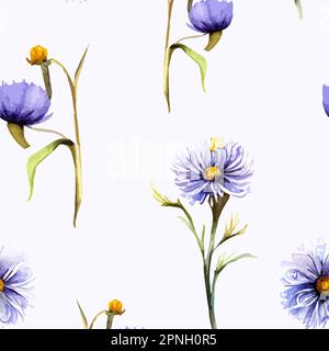 Ästhetisches, wasserfarbenes, nahtloses Blumenmuster. Lila Gänseblümchen oder Aster mit grünen Blättern, Zweigen und Blütenknospen auf weißem Hintergrund Stock Vektor