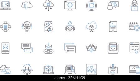 Sammlung von Zeilensymbolen für Computersysteme. Automatisierung, Digitalisierung, Integration, Blockchain, Robotik, Augmentation, Cybersecurity Vector und Stock Vektor