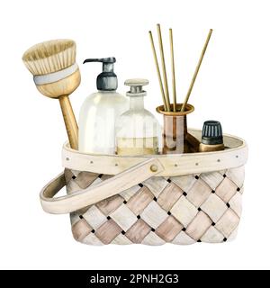 Wasserfarbener Korb aus Korb mit Badzubehör Duschgel, Massagebürste, Aromaöl, Diffusor mit Stäbchen in beige-braunen Farben für Spa, w Stockfoto